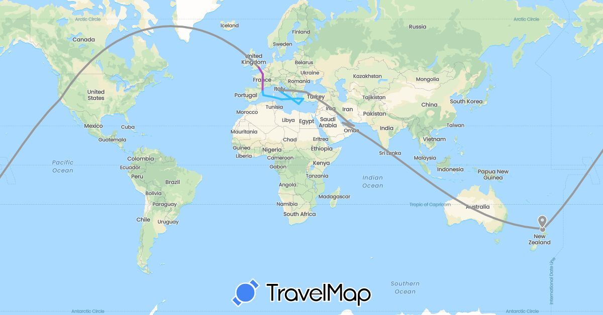 TravelMap itinerary: driving, plane, train, boat in United Arab Emirates, Spain, France, United Kingdom, Greece, Italy, New Zealand, Oman, Qatar, Turkey, United States (Asia, Europe, North America, Oceania)